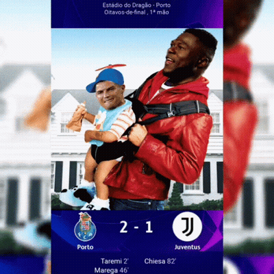 A Man In A Red Jacket Is Holding A Baby In Front Of A House And The Score Is 2-1 GIF