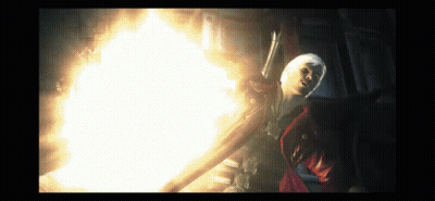 A Man In A Red Jacket Is Holding A Sword In A Video Game GIF