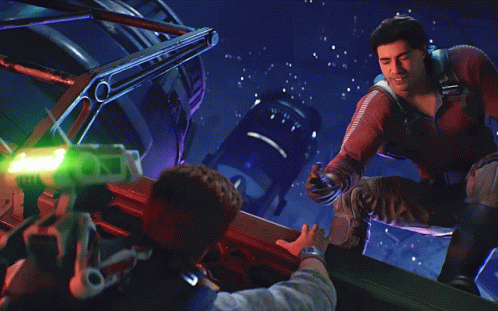 A Man In A Red Jacket Is Reaching Out To Help Another Man GIF