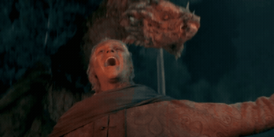 A Man In A Red Jacket Is Screaming In Front Of A Dragon Head GIF
