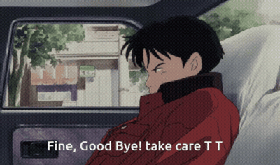 A Man In A Red Jacket Is Sitting In A Car With The Words Fine Good Bye Take Care Tt Below Him GIF