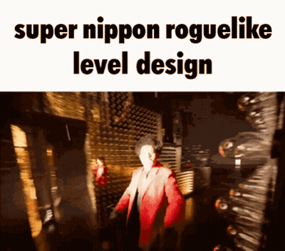 A Man In A Red Jacket Is Standing In A Dark Room With The Words Super Nippon Roguelike Level Design Below Him GIF