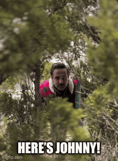 A Man In A Red Jacket Is Standing In A Forest And Says Here 'S Johnny ! GIF