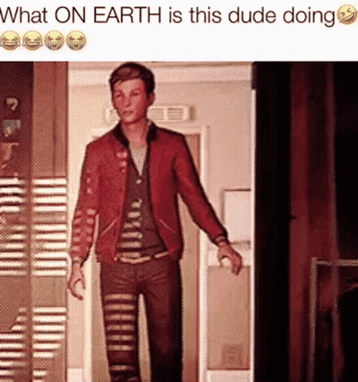A Man In A Red Jacket Is Standing In A Hallway With The Words What On Earth Is This Dude Doing GIF