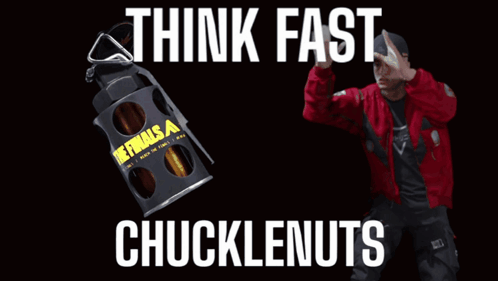 A Man In A Red Jacket Is Standing In Front Of A Chucklenuts Grenade GIF