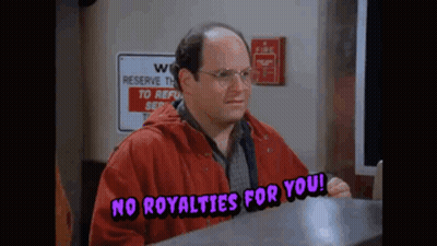 A Man In A Red Jacket Is Standing In Front Of A Counter And Says No Royalties For You . GIF
