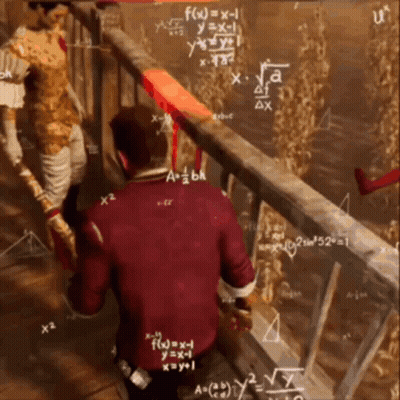 A Man In A Red Jacket Is Standing On A Railing In Front Of A Chalkboard With Mathematical Equations On It GIF
