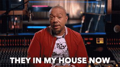 A Man In A Red Jacket Says They In My House Now . GIF