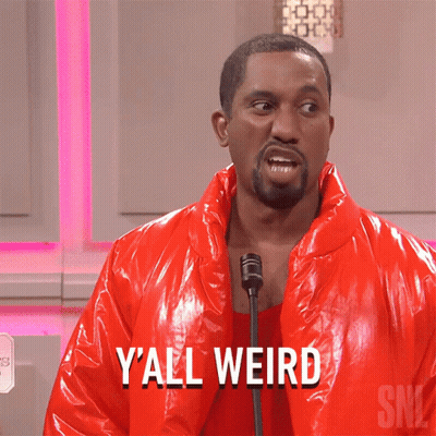A Man In A Red Jacket Says Y'all Weird In Front Of A Microphone GIF