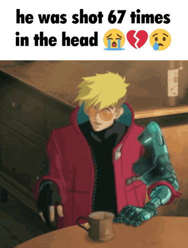 A Man In A Red Jacket Sits At A Table With A Cup Of Coffee And The Words He Was Shot 67 Times In The Head Below Him GIF