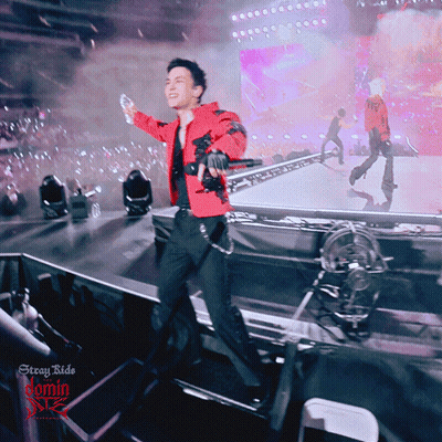 A Man In A Red Jacket Stands On A Stage With A Sign That Says Stray Kids On It GIF