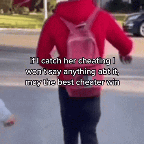 A Man In A Red Jacket With A Pink Backpack Is Walking Down The Street GIF