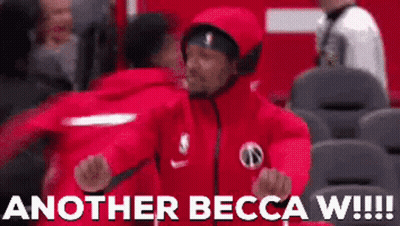 A Man In A Red Jacket With The Words Another Becca W !!! Below Him GIF