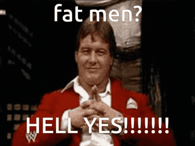 A Man In A Red Jacket With The Words Fat Men Hell Yes Written On It GIF
