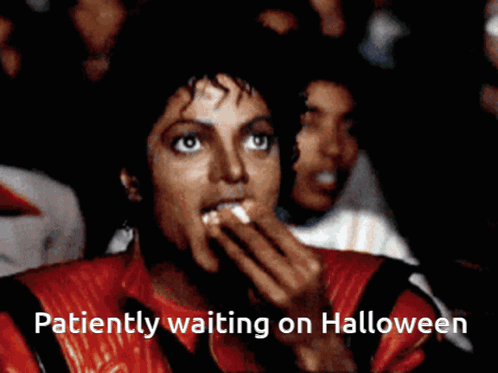 A Man In A Red Jacket With The Words Patiently Waiting On Halloween GIF
