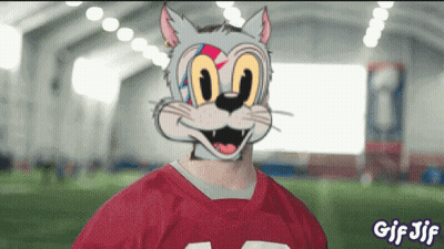 A Man In A Red Jersey With A Cat Mask On His Face And The Words Gif Jif Below Him GIF