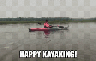A Man In A Red Kayak With The Words Happy Kayaking Below Him GIF