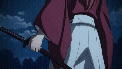 A Man In A Red Kimono Is Holding A Sword GIF