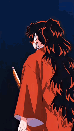 A Man In A Red Kimono Is Holding A Sword In His Hand GIF