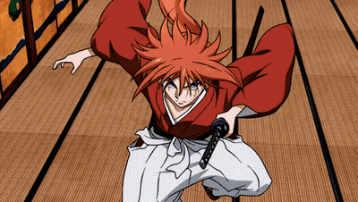 A Man In A Red Kimono Is Holding A Sword In His Right Hand GIF