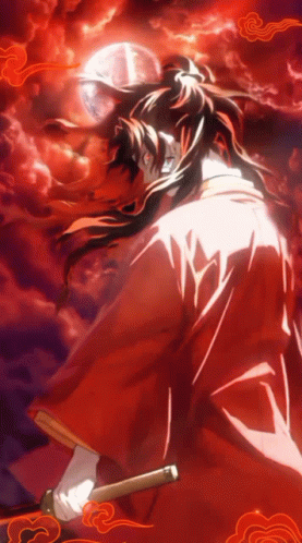 A Man In A Red Kimono Is Holding A Sword In His Right Hand GIF