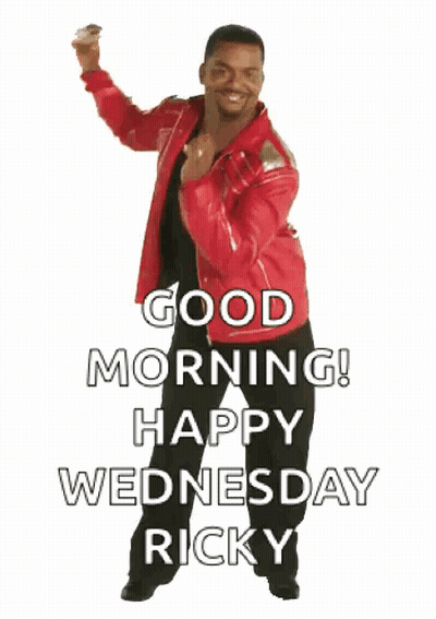 A Man In A Red Leather Jacket Is Dancing And Saying `` Good Morning ! Happy Wednesday Ricky '' . GIF