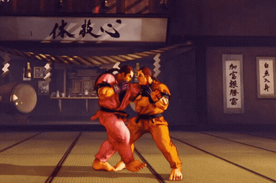 A Man In A Red Outfit Is Holding A Fireball In Front Of A Sign That Says ' ' ' ' On It GIF