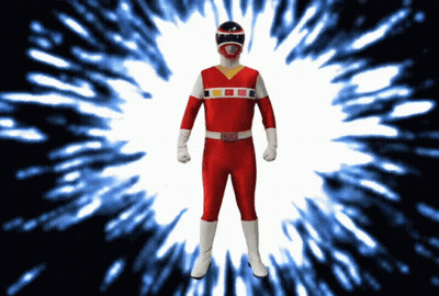 A Man In A Red Power Ranger Costume Is Standing In Front Of A Blue Explosion GIF