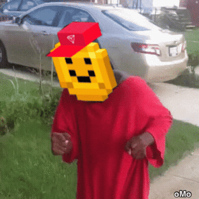 A Man In A Red Robe Has A Pixelated Face On His Head And A Red Hat GIF