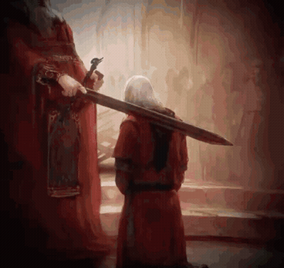 A Man In A Red Robe Is Holding A Large Sword Over A Man In A Red Robe Kneeling Down . GIF