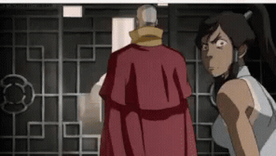 A Man In A Red Robe Is Standing Next To A Woman In A White Shirt . GIF