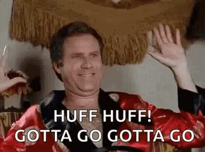 A Man In A Red Robe Is Waving His Hands And Says `` Huff Huff Gotta Go Gotta Go '' . GIF