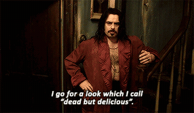 A Man In A Red Robe Says " I Go For A Look Which I Call Dead But Delicious . " GIF