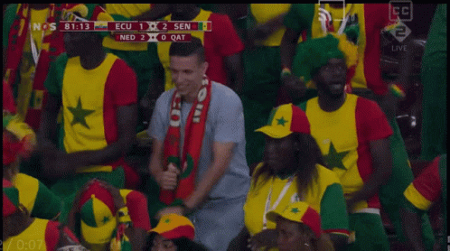 A Man In A Red Scarf Stands In A Crowd Of People Watching A Game Between Ecu And Senegal GIF