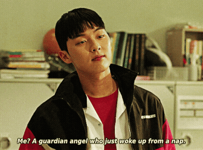 A Man In A Red Shirt And A Black Jacket Says Me ? A Guardian Angel Who Just Woke Up From A Nap GIF