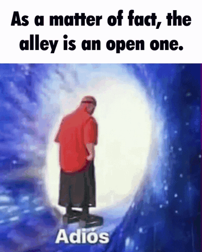 A Man In A Red Shirt And Black Skirt Is Standing In Front Of An Open One And Says " Adios " GIF
