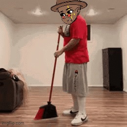 A Man In A Red Shirt And Gray Shorts Is Sweeping The Floor With A Red Broom . GIF