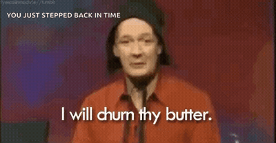 A Man In A Red Shirt And Hat Is Saying `` I Will Chum Thy Butter '' . GIF