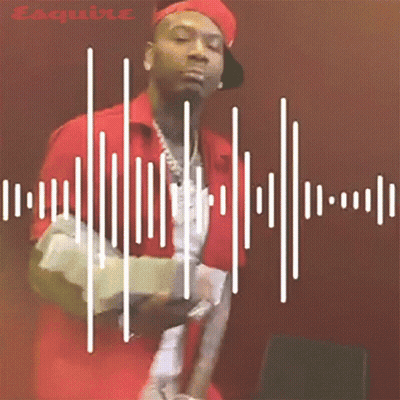 A Man In A Red Shirt And Hat Is Standing In Front Of A Sound Wave GIF