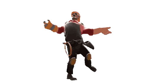 A Man In A Red Shirt And Orange Hard Hat Is Dancing With His Arms Outstretched Sticker