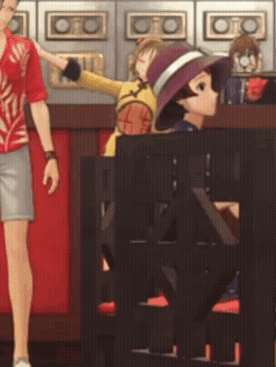 A Man In A Red Shirt And Shorts Is Standing Next To A Cartoon Character In A Purple Hat . GIF