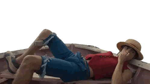 A Man In A Red Shirt And Straw Hat Is Laying On A Boat Sticker