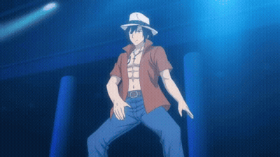 A Man In A Red Shirt And White Hat Is Standing In A Dark Room GIF