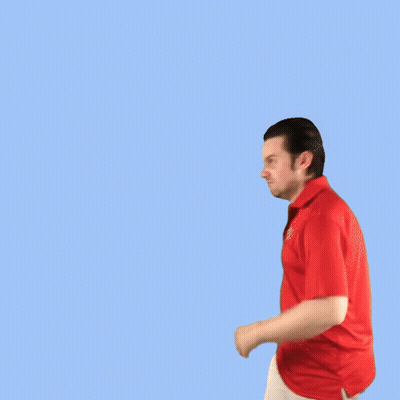 A Man In A Red Shirt And White Pants Is Dancing On A Blue Background GIF