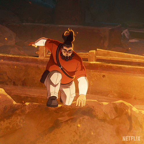 A Man In A Red Shirt And White Pants Is Kneeling On A Rock With A Netflix Logo Behind Him GIF