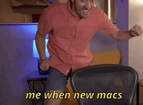 A Man In A Red Shirt Is Dancing With The Words " Me When New Macs " Above Him GIF