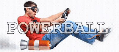 A Man In A Red Shirt Is Driving A Car With The Word Powerball Written On The Bottom GIF