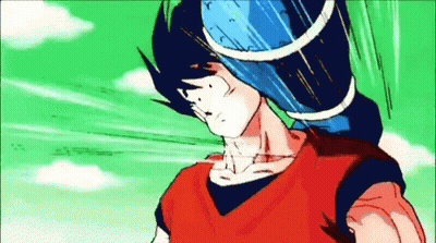A Man In A Red Shirt Is Holding A Blue Ball On His Head GIF