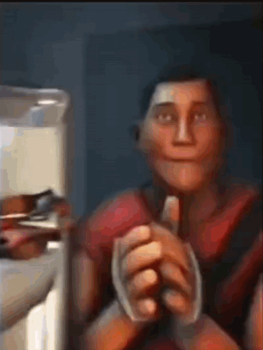 A Man In A Red Shirt Is Holding A Glass Of Milk . GIF