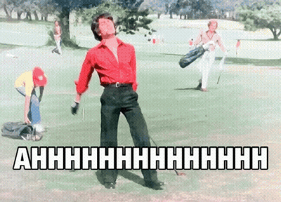 A Man In A Red Shirt Is Holding A Golf Club On A Golf Course With The Words Ahhhh On The Bottom GIF